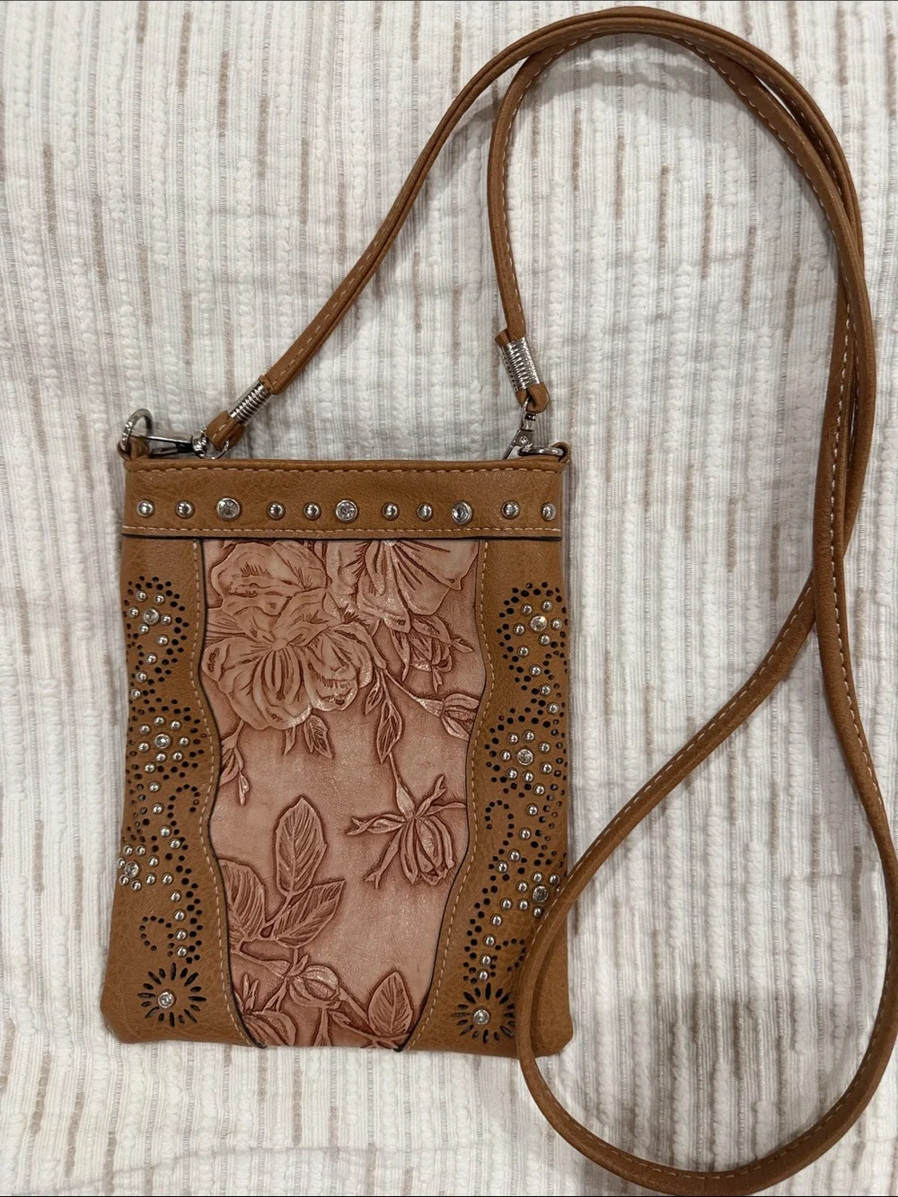 Western Floral Embossed Crossbody Mini Bag Tan Studded Rhinestone Phone Purse